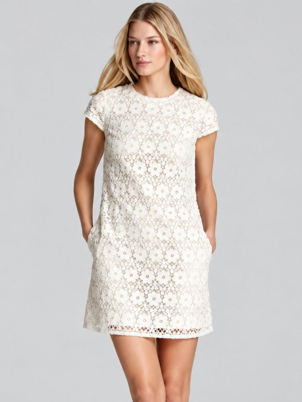 Juicy Couture Cream Guipure Shift Dress with Capp Sleeves - Size 6